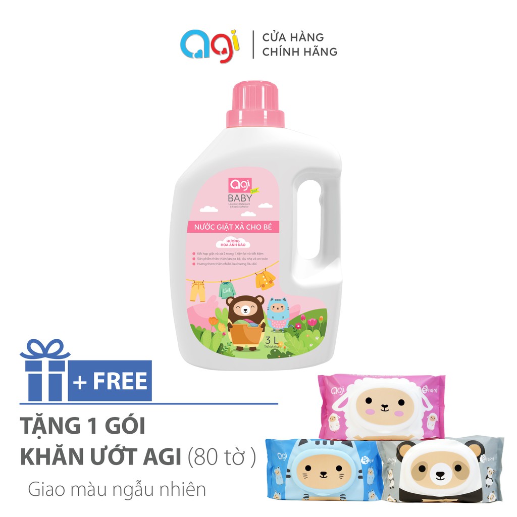 Nước giặt xả cho bé Agi Hương Hoa Anh Đào - 3000ml + TẶNG 1 GÓI KU AGI 80 TỜ HƯƠNG BẤT KỲ