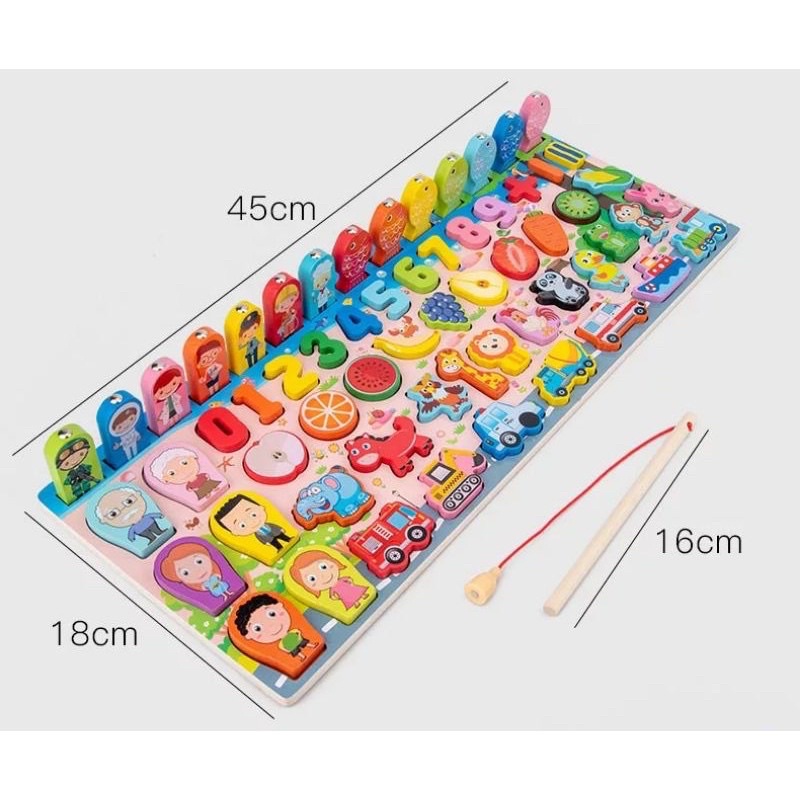 Bộ bảng 7in1- Bảng Gỗ Câu Cá Và Ghép Hình Học 7 trong 1 gồm Chữ Số, Chữ Cái, Phương Tiện cho bé