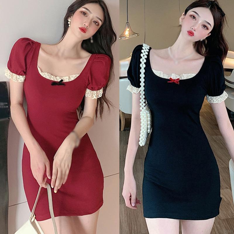 Đầm Ren Nữ Dài Tay Cổ Tròn Eo Cao Thời Trang