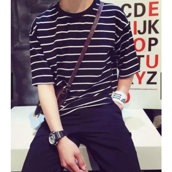 Áo Thun Nam Tay Lỡ Kẻ Ngang Vải Dày Mịn Thoáng Mát Phong Cách Hàn Quốc Đường May Tỉ Mỉ Màu Sắc Trẻ Trung