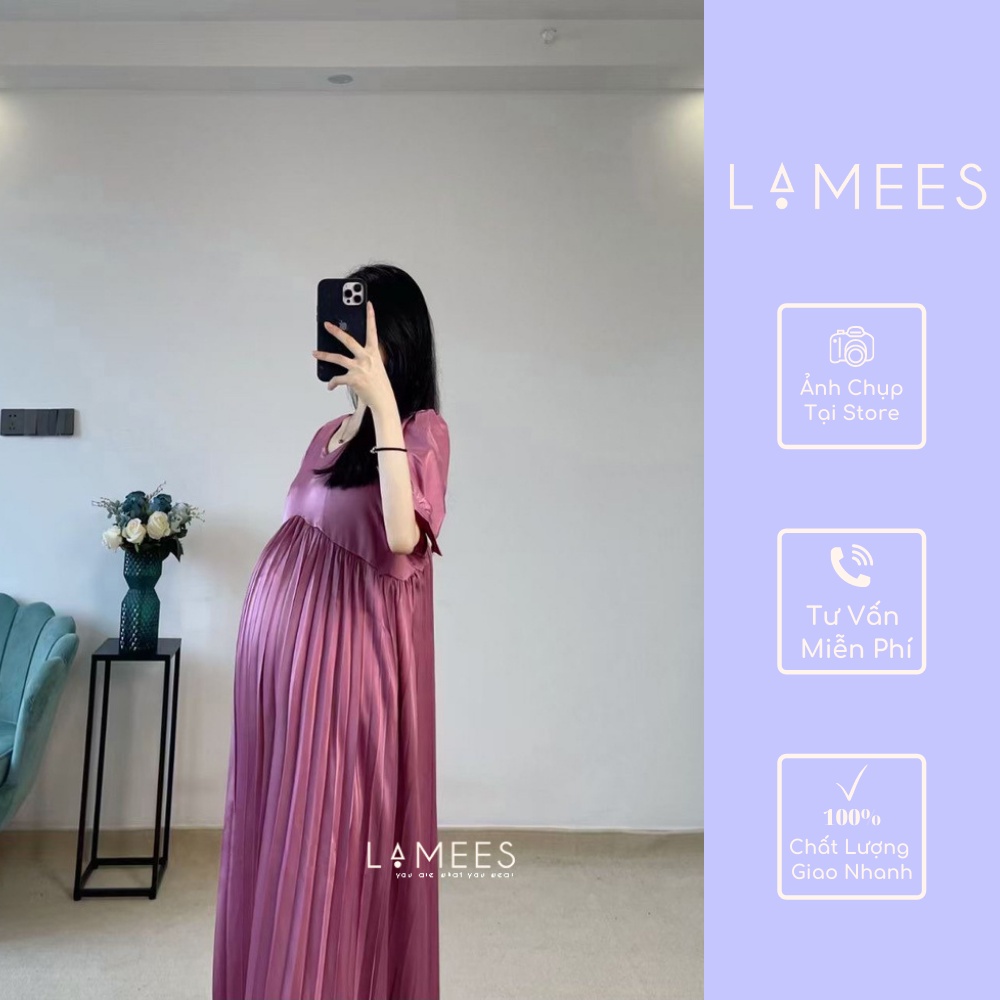Lamees V-59 Váy bầu Lụa Xếp Ly ngắn tay Cổ Chữ V, Màu Hồng Tím Sang Trọng, Thanh Lịch, Váy Mặc Tết