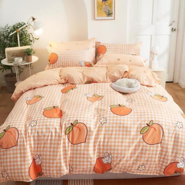 Chăn ga gối cotton poly đào kẻ cam nhập khẩu bộ 4 món Chăn, ga , 2 vỏ gối Happy Bedding