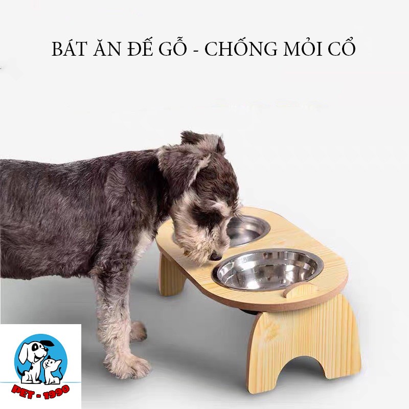 Bát Ăn Đôi Ruột Inox Đế Gỗ Nghiêng 15 Độ Giúp Chống Gù, Bảo Vệ Cột Sống Cho Thú Cưng