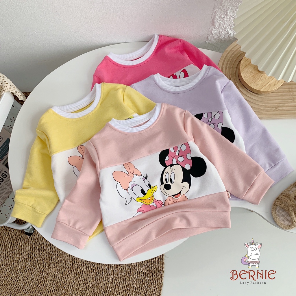 Quần áo trẻ em, bộ quần áo cotton dài tay Mickey màu hồng, màu vàng, màu tím cho bé gái từ 9kg đến 18kg của BERNIE