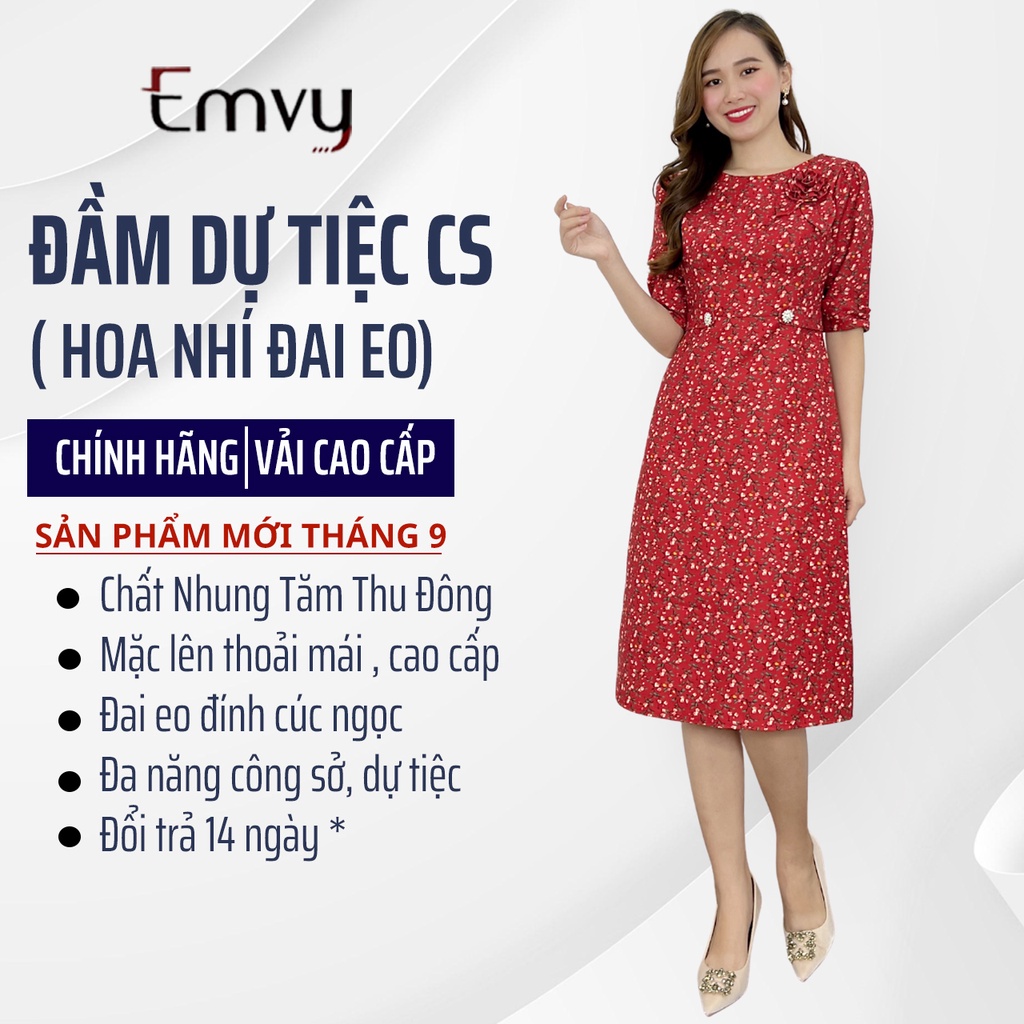 Đầm công sở hoa nhí thu đông, chất liệu Nhung Tăm mịn cao cấp, Emvy K32