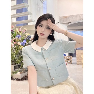 Áo dạ tweed mỏng xanh tay ngắn
