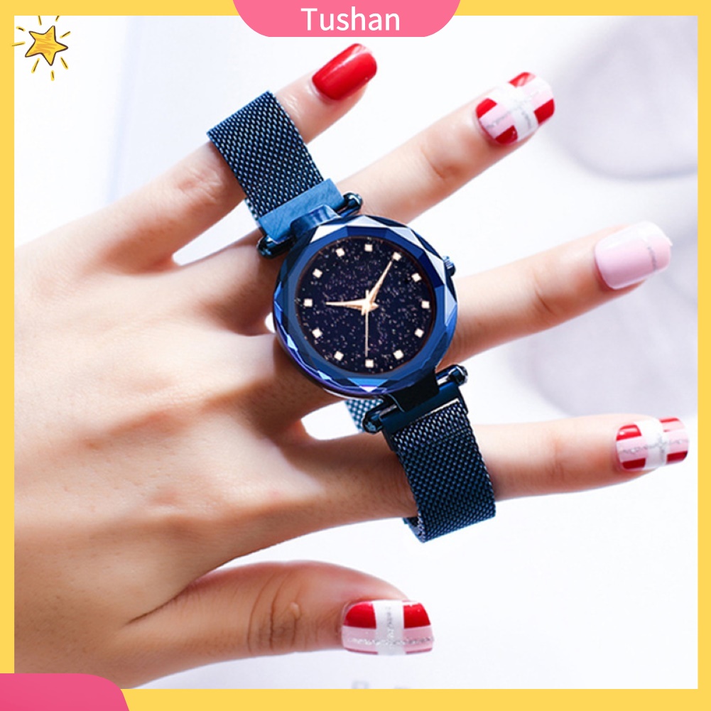 Đồng hồ thạch anh analog đeo tay dây từ họa tiết sao/kim cương cho nữ