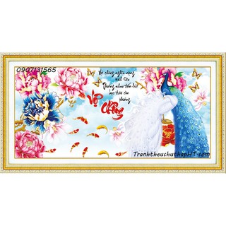 Tranh đính đá, Tranh thêu chữ thập 3D vợ chồng chim công hoa mẫu đơn LV 091, LV3066 - tự thêu, tự đính