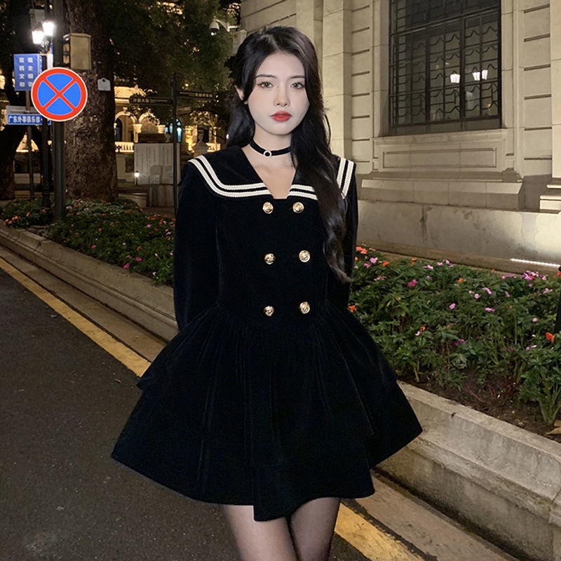 Đầm Xòe Cổ Hải Quân Màu Đen Thời Trang Mùa Xuân Cho Nữ