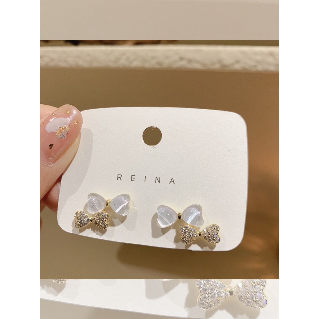 Bông Tai Hình Nơ Đính Đá Zircon Màu Bạc Phong Cách Hàn Quốc Thời Trang Cho Nữ