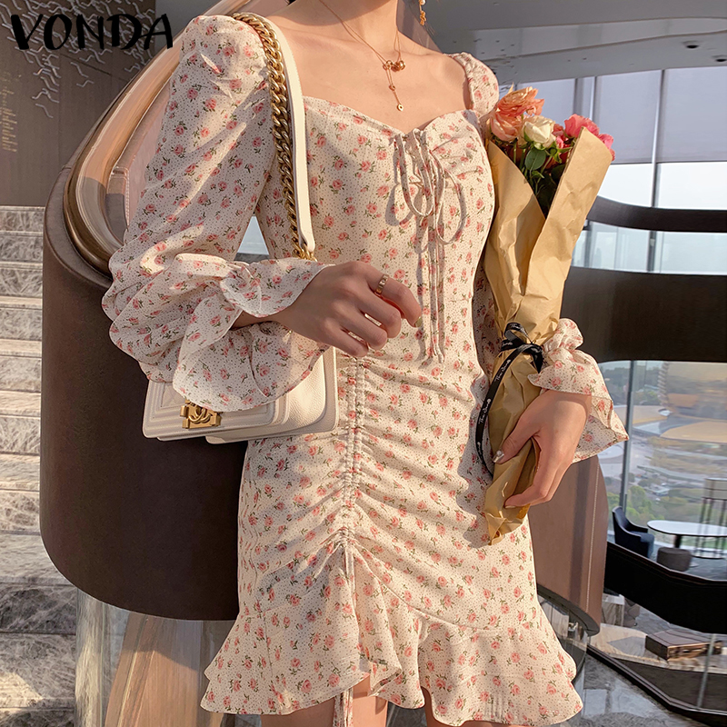 Đầm Vonda Tay Dài Hoạ Tiết Hoa Thiết Kế Dây Rút Phong Cách Hàn Quốc | BigBuy360 - bigbuy360.vn