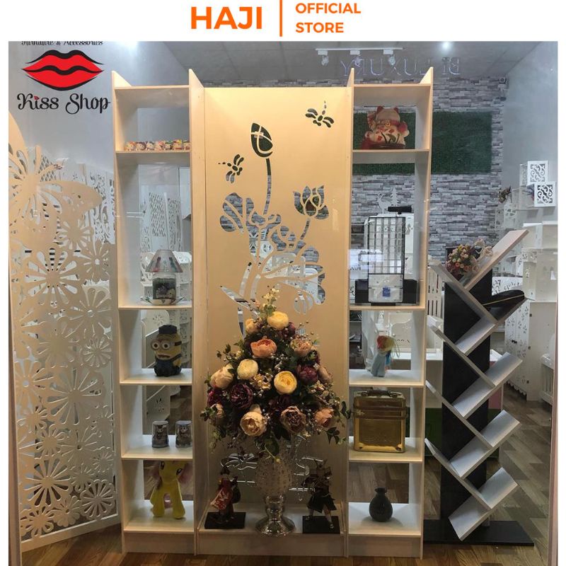 Vách ngăn sen vàng tài lộc phú quý kèm kệ sang trọng, bình phong HAJI kèm kệ thanh lịch hiện đại D482