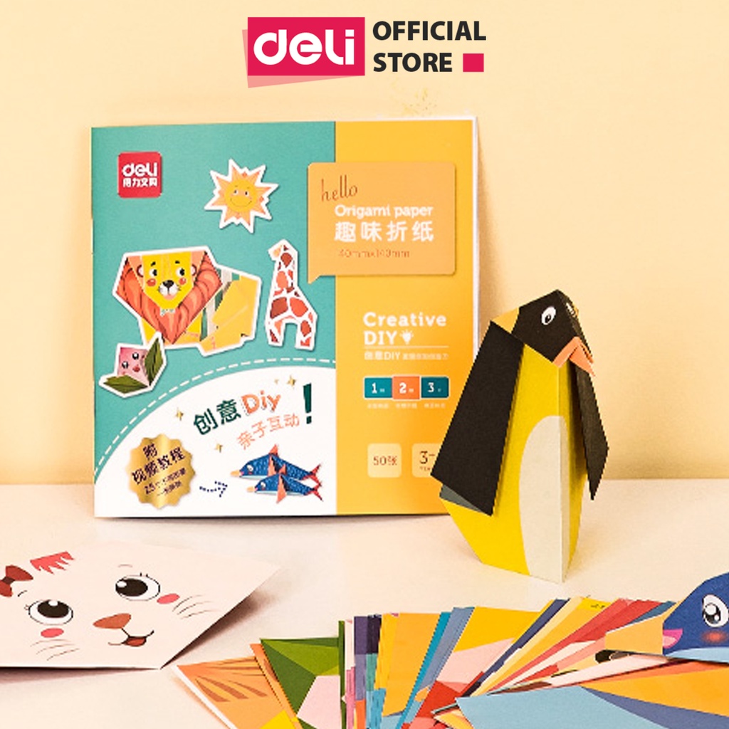 Bộ 50/100 tờ giấy thủ công origami Deli - In sẵn họa tiết kèm sách hướng dẫn, rèn luyện sự khéo léo cho bé - 74817/74818