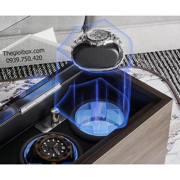 Hộp Xoay Đồng Hồ Cơ 4 Ngăn Vỏ Gỗ Sần - Có Đèn LED - Cao Cấp - Sang Trọng