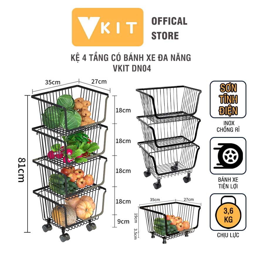 Kệ 4 tầng có bánh xe đa năng đựng rau củ quả có thể tháo rời VKIT DN04