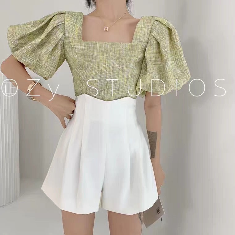 Set áo cổ vuông tay phồng và quần short lưng cao dáng chữ A thời trang mùa hè nữ tính thanh lịch (có bán lẻ)