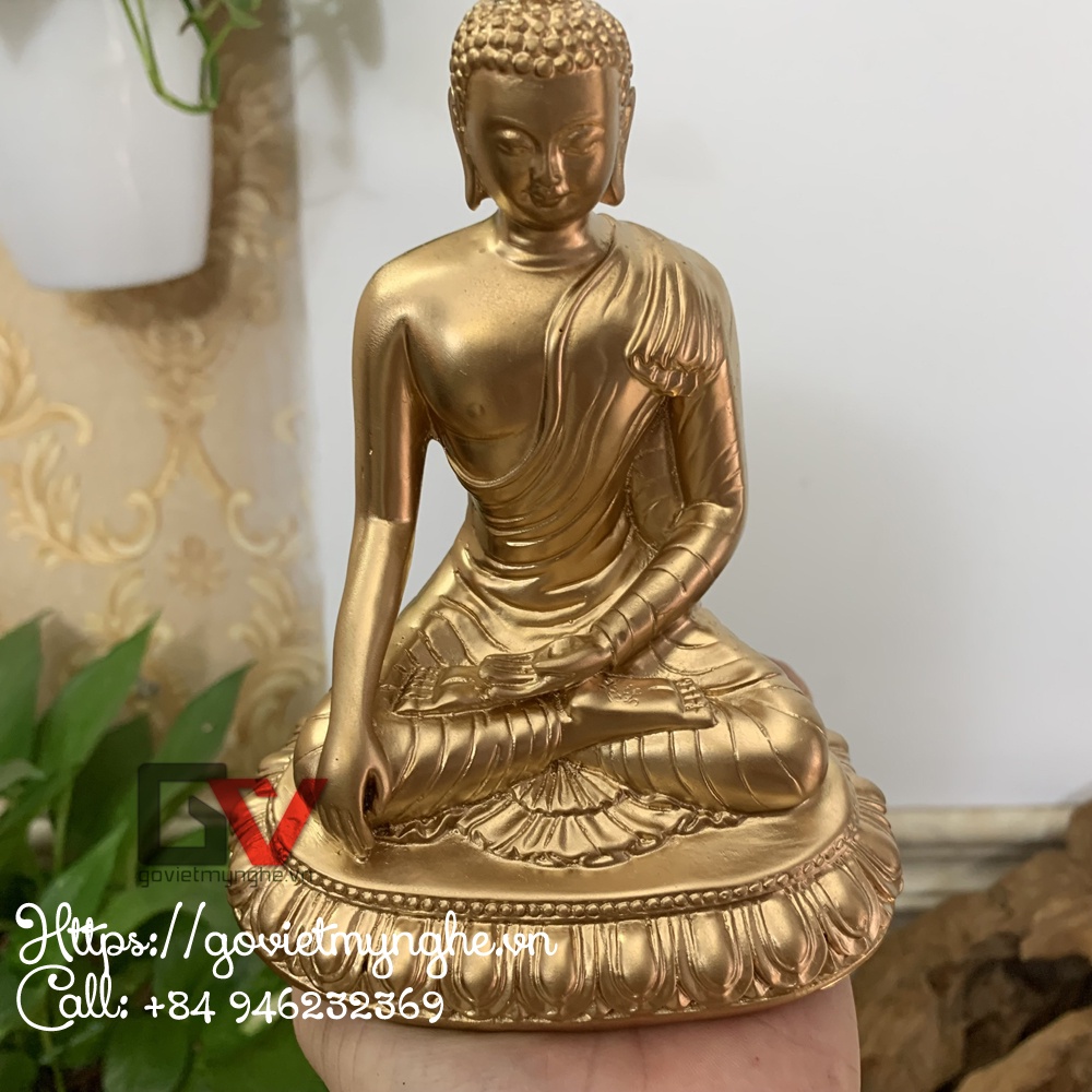 Tượng Đức phật Thích ca ngồi thiền ấn trên tòa sen trang trí phòng thờ | Màu Nhũ Đồng - Chiều cao 14cm