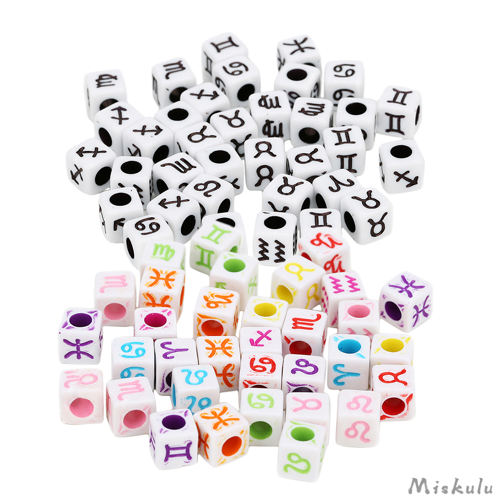 100 Pieces 6mm/7mm/10mm Large Hole Acrylic Cube Spacer Beads Loose Zodiac Beads Charm 4mm Hole Horoscope Beads Fit European Bracelet Jewelry