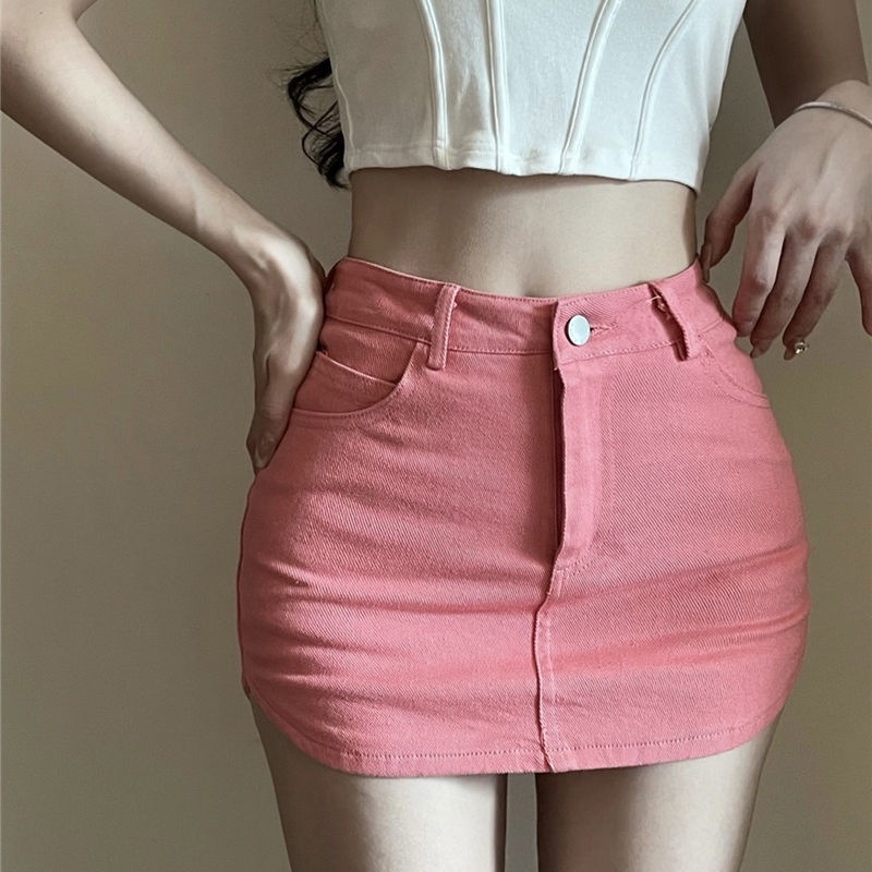 Jiashucheng Chân Váy Denim Hồng Lưng Cao Dáng Ôm Thời Trang Mùa Hè Cho Nữ