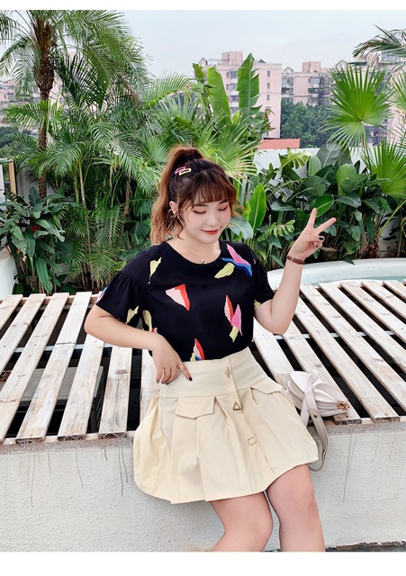 Áo voan tay loe big size màu đen in sắc màu size lớn 65-100kg