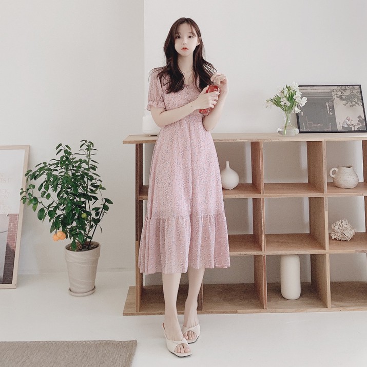 Đầm Tay Ngắn Cổ Chữ V In Hoa Phong Cách Hàn Quốc 43824