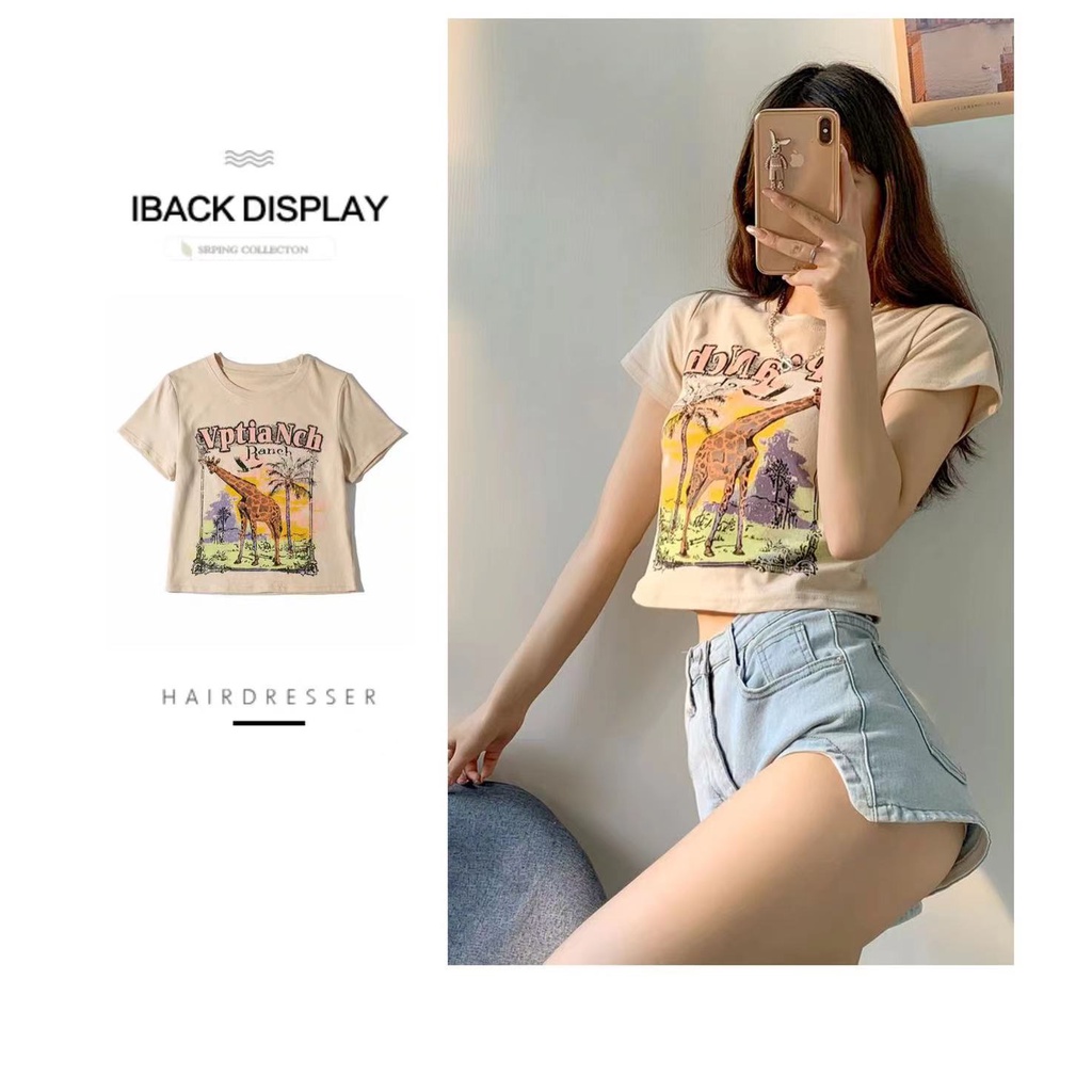 Áo Thun Croptop Tay Ngắn Phong Cách Retro Mỹ Thời Trang Mùa Hè Cho Nữ