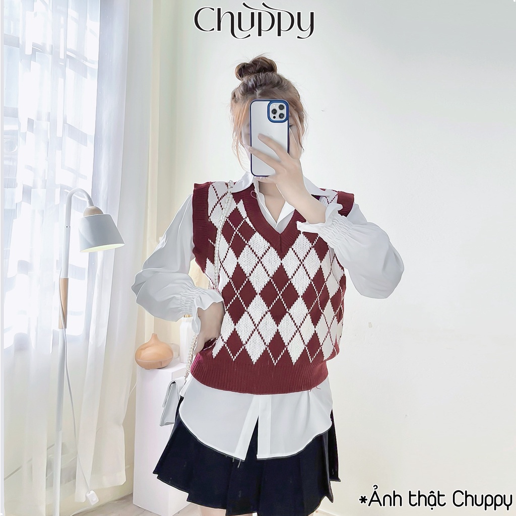 Áo gile len nữ CHUPPY chất len dày dặn họa tiết caro nhiều màu phong cách Hàn Quốc siêu xinh -GL05