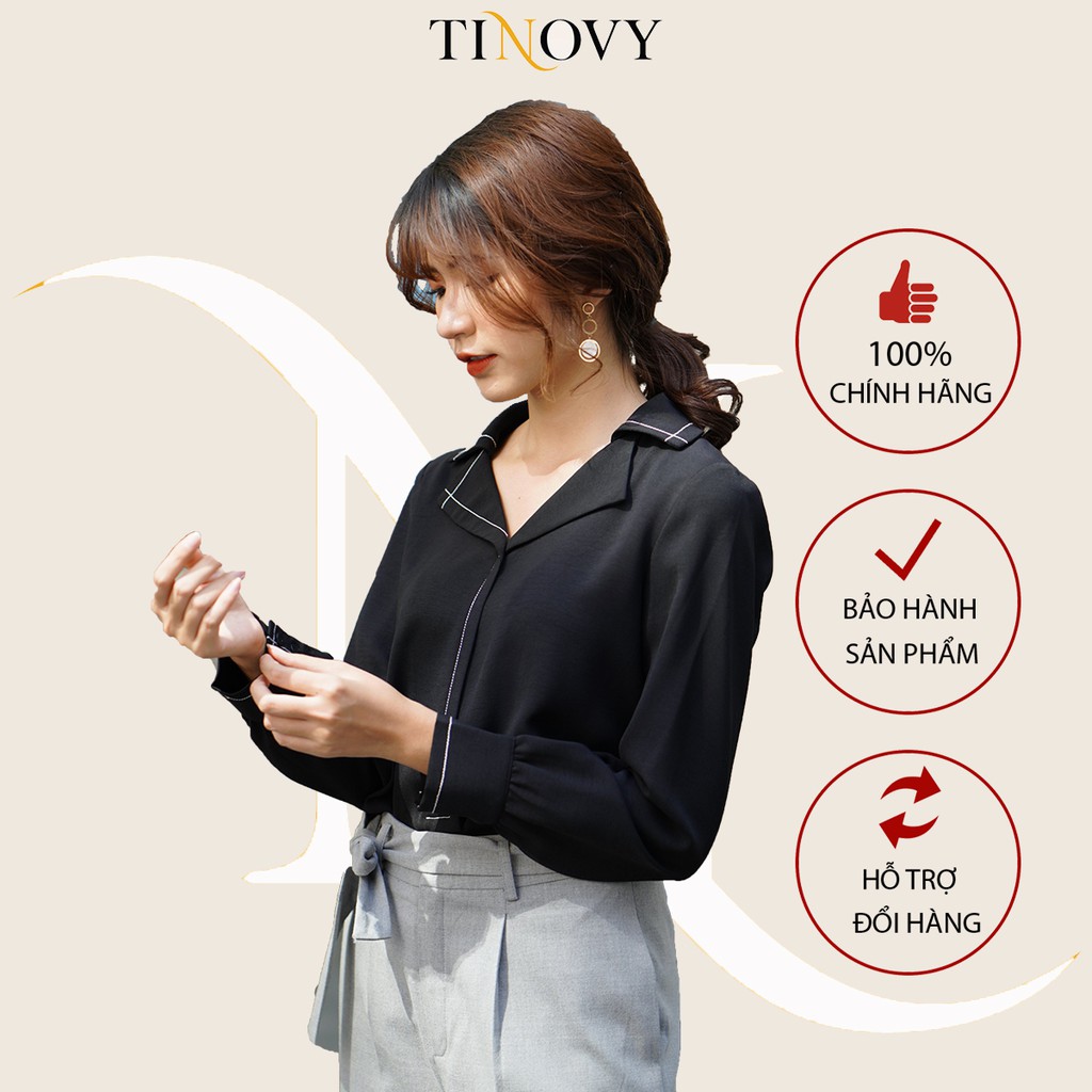Áo Sơ Mi Nữ TINOVY Form Rộng Cổ 2 Ve Trần Chỉ Phối Tay 1910-013