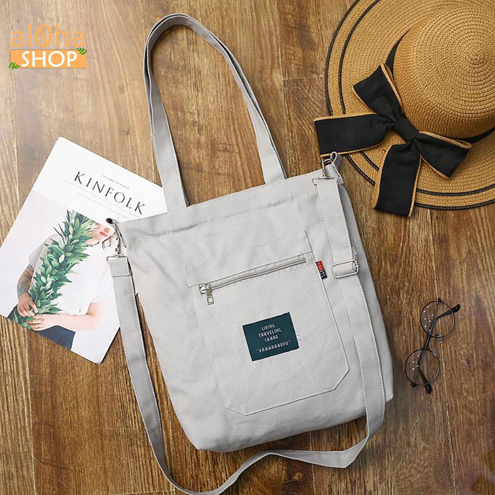 Túi tote đeo vai, đeo chéo vải bố canvas T046 nữ 2 dây đựng đồ đi học, đi chơi mềm đẹp