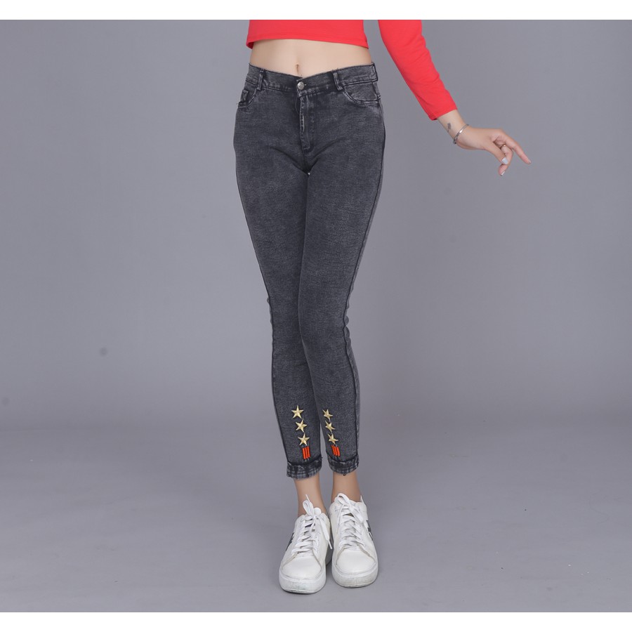Quần dài nữ kaki giả jean ôm co giản thiêu ngôi sao chân thời trang xuân hè thời trang công sở Kkw10