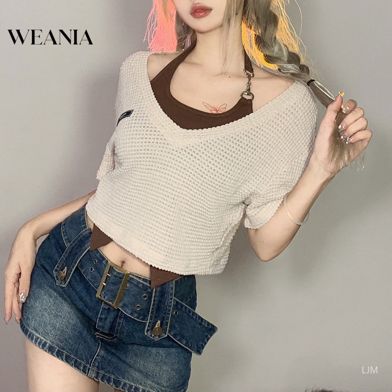 Weania Set Áo Thun Trơn Dáng Rộng Crop Top + Áo Hai Dây + Quần Lót Màu Trơn Cho