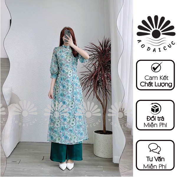 Áo dài cách tân 4 tà xanh ngọc tay lỡ trẻ trung thanh lịch