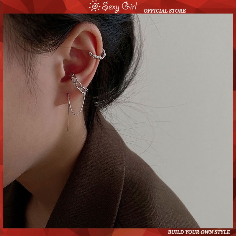 Bông Tai Dạng Kẹp Phối Dây Xích Tua Rua Phong Cách Hip hop Thời Trang Cho Nữ