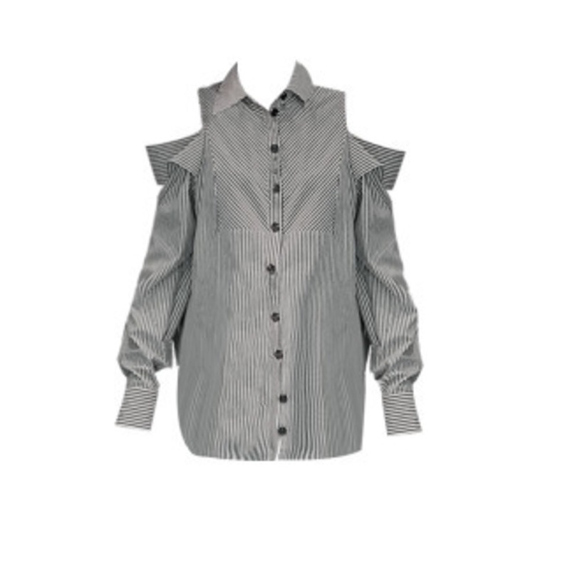 Áo sơ mi RENJIANVSHENG 198524 khoét vai tay dài dáng rộng kẻ sọc phong cách Hàn Quốc thời trang mùa hè