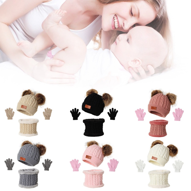 Bộ 3 Món Nón Khăn Choàng Găng Tay Và Găng Tay Len Màu Trơn Giữ Ấm Mùa Đông Cho Bé