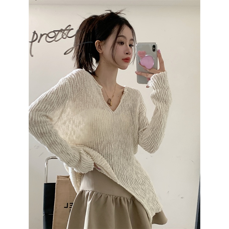 「MOTEL7」Áo Sweater Cổ Xẻ Tà + Chân Váy Dệt Kim Chữ A Lưng Cao Dáng Rộng Chống Nắng Phong Cách Mỹ Dễ Phối Đồ