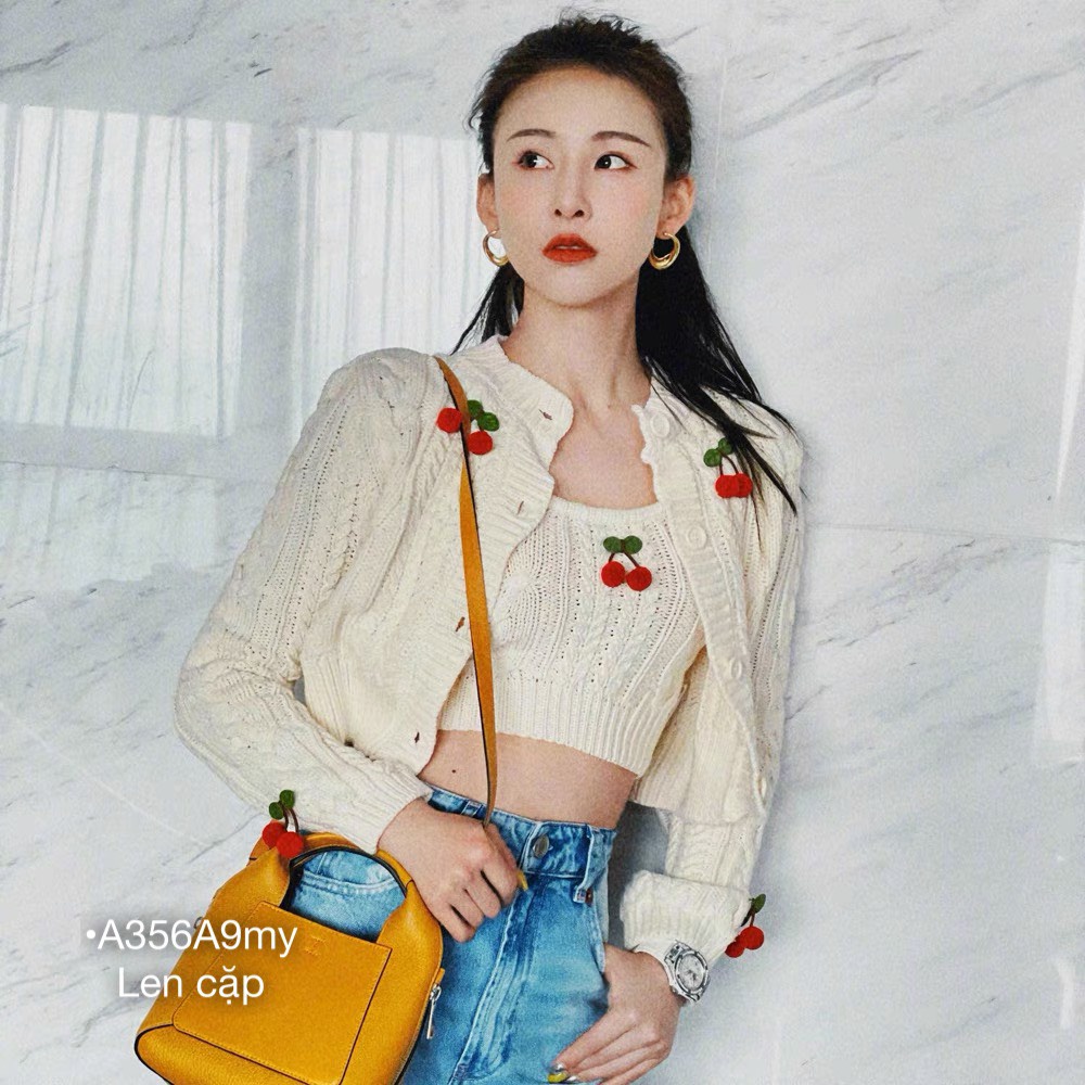 Set len QC áo len cherry 2 dây croptop kiểu kèm khoác cardigan tay dài len thừng cao cấp 2 màu đen ,trắng