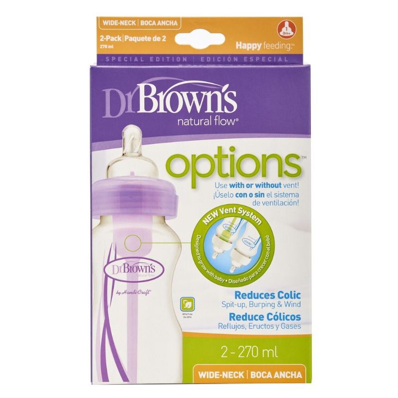 Combo 2 bình sữa Dr Brown's Options cổ rộng 270ml nhựa PP màu tím