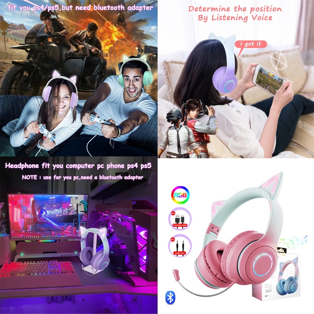 Tai Nghe Không Dây Âm Thanh Nổi HiFi Hình Tai Mèo Màu Hồng Gradient Có Mic Cho Điện Thoại MP3