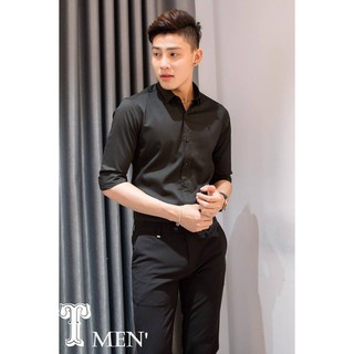 Sơ mi lụa đen dày tay