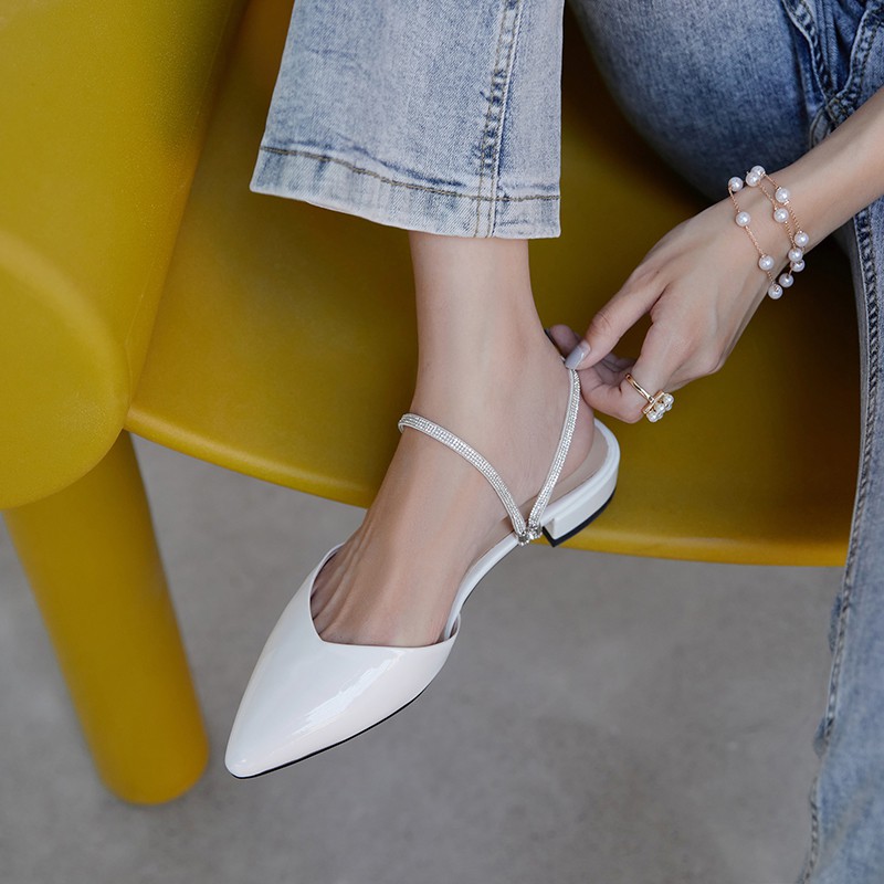 Giày cao gót  thời trang mũi nhọn phối dây hở gót cao 2cm màu trắng size lớn 40 41 42 43 44