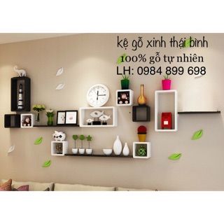 Bộ kệ gỗ treo tường 9 ô vuông kết hợp 3 thanh ngang