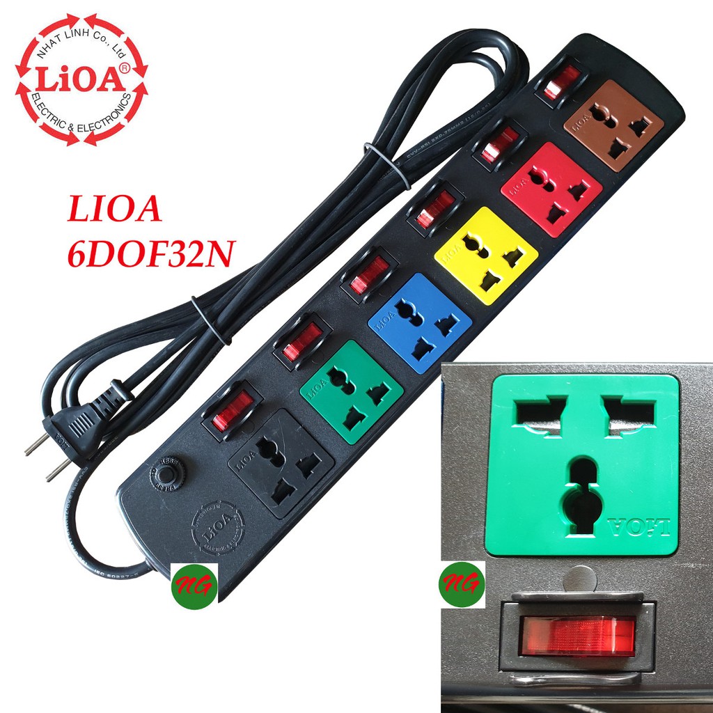 Ổ cắm điện 3 chấu đa năng LIOA 6 ổ cắm 6 công tắc công suất 2000 watt dây dài 3 mét 6DOF32WN (Trắng hoặc đen)