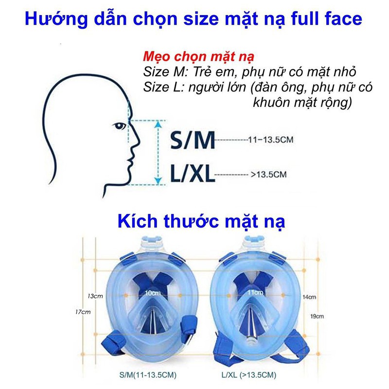 Mặt nạ lặn Full Face cao cấp, lặn sông, lặn hồ, lặn biển... - Mặt nạ trẻ em-xanh dương _Size: S/M