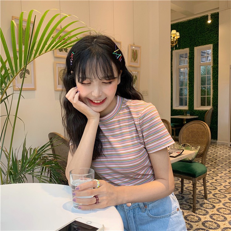 Áo thun dệt kim SUXI dáng ôm tay ngắn họa tiết sọc cầu vồng phong cách Hàn Quốc