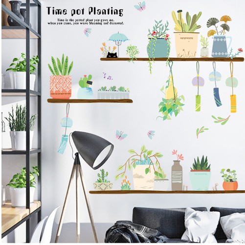 [FREE_SHIP] Decal dán tường Kệ lọ cây trang trí - Tranh dán tường giỏ cây trang trí siêu đáng yêu