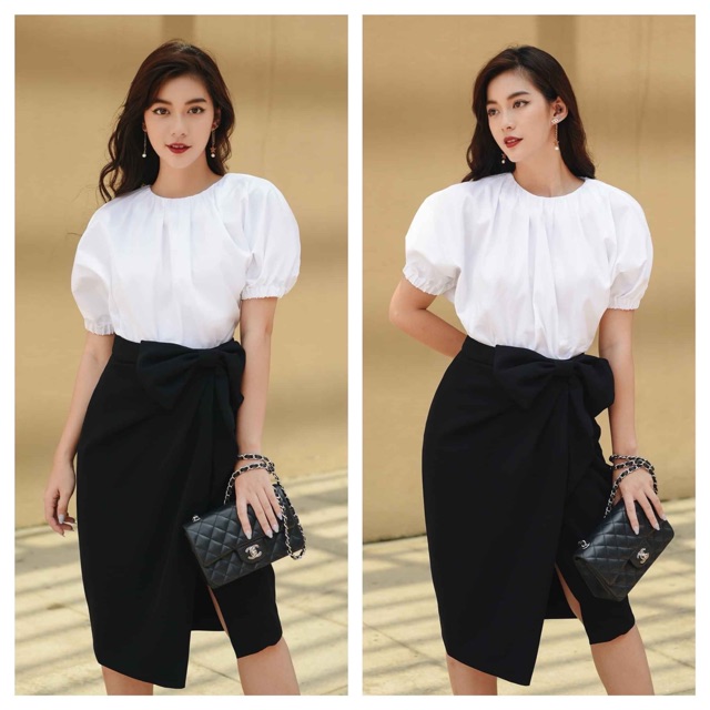 Áo cotton lụa trắng tay phồng -HBSM762