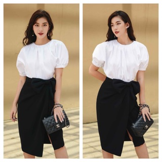 Áo cotton lụa trắng tay phồng -HBSM762