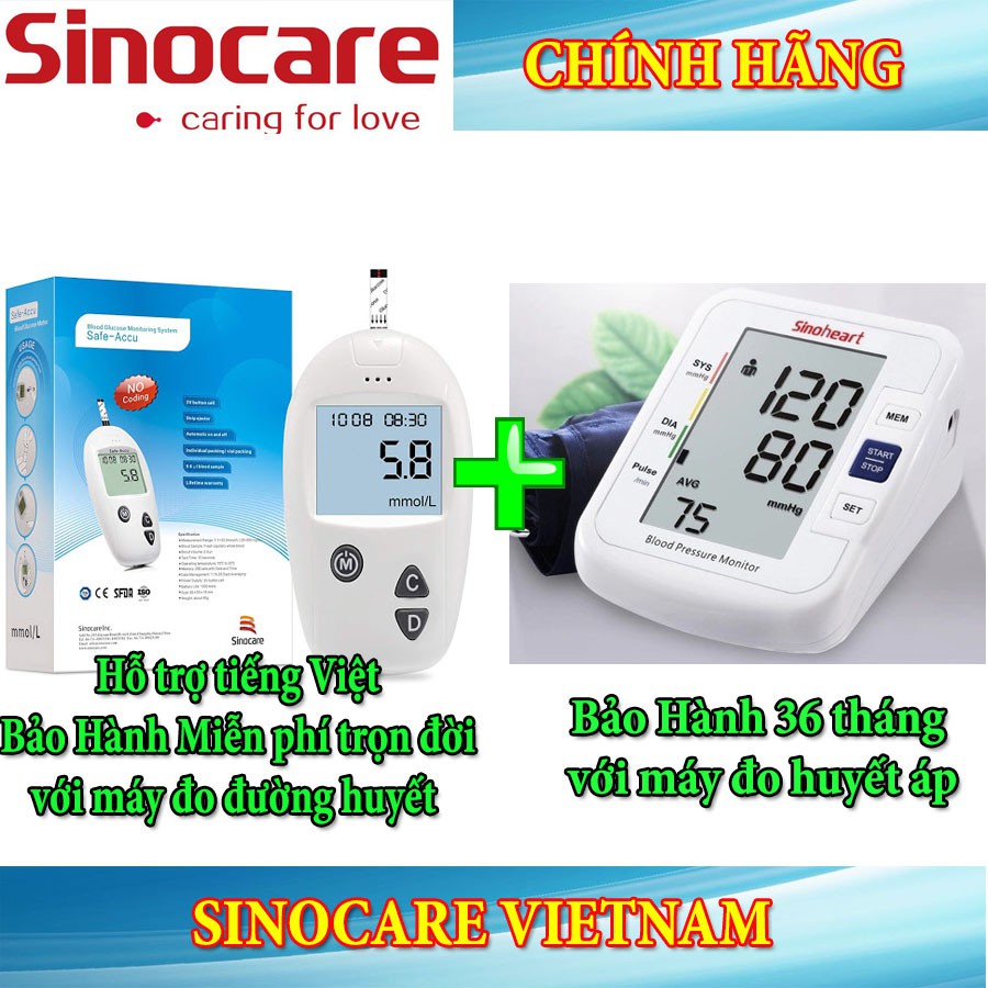 Combo Máy Đo Đường Huyết Safe Accu + Máy Đo Huyết Áp Sinoheart Chính Hãng Sinocare