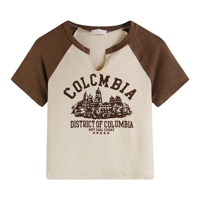 Porozi  Áo thun  tay ngắn cổ chữ V in họa tiết phong cách retro Hàn Quốc thời trang cho nữ 3 màu tùy chọn